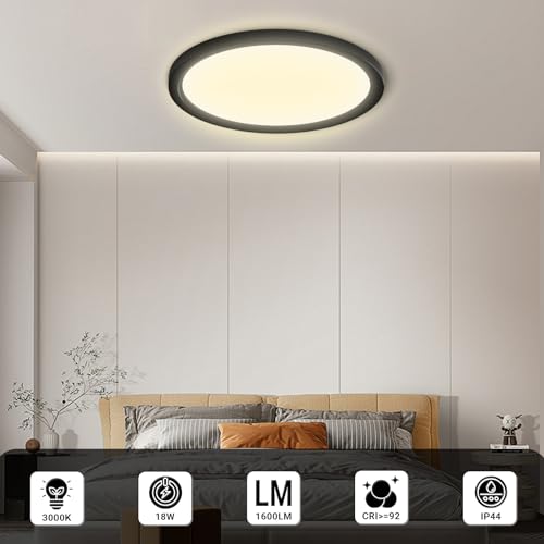 LQWELL® LED Ceiling Light, IP44 Waterproof, Round Flat Bathroom Light, 18W, 3000K, 1600lm, Modern Simple Thin Lamp for Living Room, Bathroom, Bedroom, Kitchen, Basement, Office, 220 x 24 mm (Black)