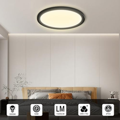LQWELL® LED-Deckenleuchte, IP44 wasserdicht, runde, flache Badezimmerleuchte, 18 W, 3000 K, 1600 lm, moderne, schlichte und dünne Lampe für Wohnzimmer, Badezimmer, Schlafzimmer, Küche, Keller, Büro, 220 x 24 mm (Schwarz)