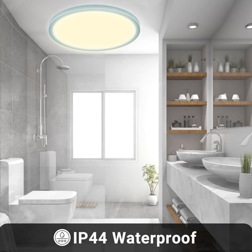 LQWELL® Ceiling Light LED Ceiling Lamp, IP44 Waterproof Bathroom Lamp Round Flat 18W 3000K 1600LM Modern Simple Lamp Thin for Living Room Bathroom Bedroom Kitchen Basement Office, 220 * 24mm (Blue)