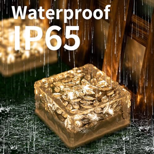 LQWELL® Solar Brick Light Solar Light Decoration Outdoor Solar Glass Paving Stones Solar Lamps Path Lighting Solar Cube Light Ice Stone Light Waterproof (Warm White)
