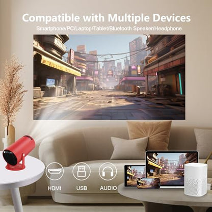 LQWELL® Beamer, Mini Projektor, unterstützt WiFi 5G, BT5.0 mit 11.0 Android OS, Automatische Trapezkorrektur, 220-Grad-Winkel, 130-Zoll-Display für Phone/PC/Lap/Xbox/Stick, 4K Heimkino, hdmi, Rot