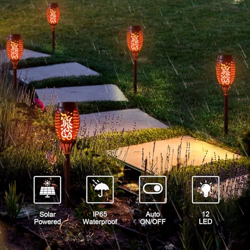 LQWELL® Solar Lights Solar Torch Light for Outdoor Garden 24 Pieces 12 LED Solar Lamp with Realistic Flame Effect IP65 Waterproof Garden Torches Solar Path Backyards Lawn Lighting (24 PCS)