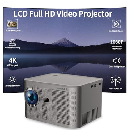 LQWELL® Mini Projector, Native 1080P 4K Home Theater Video Projector Supports WiFi 5G &BT 5.0, Auto Keystone Correction, Electronic Focus, 150-Inch for Phone/PC/Lap/PS5/Xbox/Stick (No Android OS)