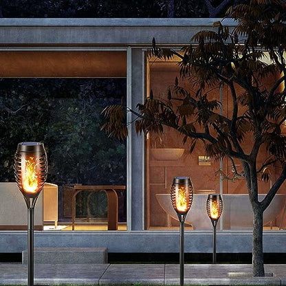 LQWELL® Solar Lights, Outdoor Solar Torch Lights, 4 Pack, 12 LED Solar Lamps with Realistic Flame Effect, IP65 Waterproof, Garden Torches, Solar Pathway Lights, Backyard Lighting, Lawn Lighting (4 Pack)