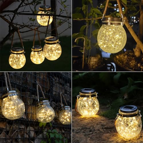 LQWELL Solar Lights for Outdoor Gardens, Waterproof Solar Hanging Lights, Solar Lantern Lights, Solar Lanterns, Solar Lamps Crackle Glass Balls Hanging Garden Decoration