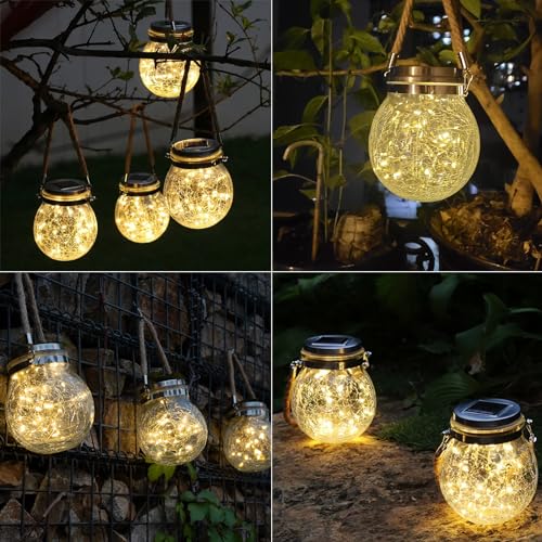 LQWELL Solar Garden Lights, Waterproof Solar Hanging Lights, Solar Lanterns, Solar Lamps with Glass Balls for Garden Decoration