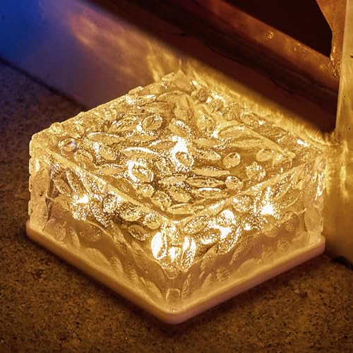 LQWELL® Solar Brick Light Solar Light Decoration Outdoor Solar Glass Paving Stones Solar Lamps Path Lighting Solar Cube Light Ice Stone Light Waterproof (Warm White)