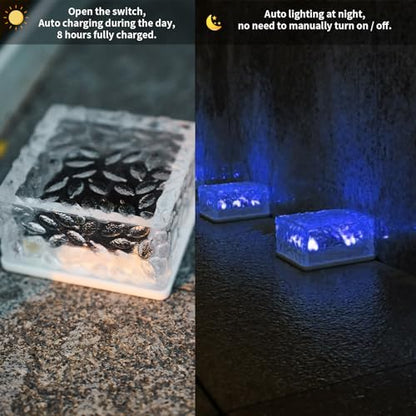 LQWELL® Solar Brick Light, Solar Light Decoration, Solar Glass Pavers, Solar Lights, Path Lighting, Solar Cube Light, Ice Cube Light, Waterproof (Blue)
