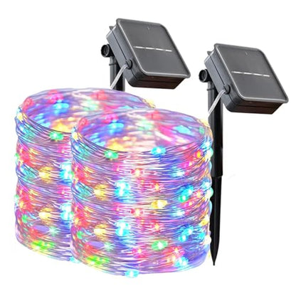 LQWELL® 2er-Set 12 m Solar-Lichterketten für den Außenbereich, Solar-Kupferdraht, IP65 wasserdicht, 120 LEDs, für Garten, Balkon, Party, Hochzeit, Geburtstag, Weihnachtsdekoration (bunt)