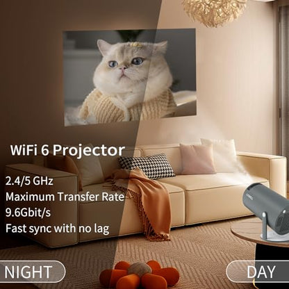 LQWELL® Mini Projector, supports WiFi 6 and Bluetooth 5.0, with Android 11.0, automatic keystone correction, 180° projection angle, 130-inch display for smartphones, PCs, laptops, PS5, Xbox and Xbox Stick, 4K Home Cinema Projector, Grey