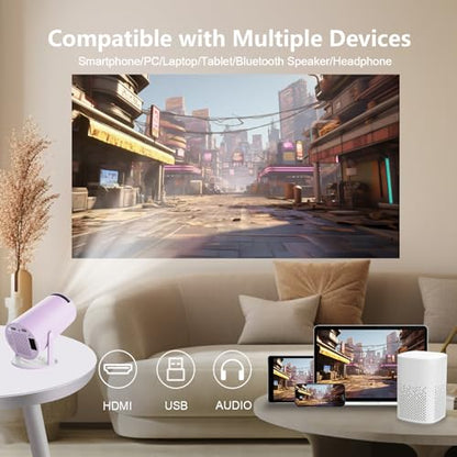 LQWELL® Projector, Mini Projector, supports WiFi 5G, BT5.0 with 11.0 Android OS, Automatic Keystone Correction, 220-Degree Angle, 130-Inch Display for Phone/PC/Laptop/Xbox/Stick, 4K Home Theater, HDMI, Purple