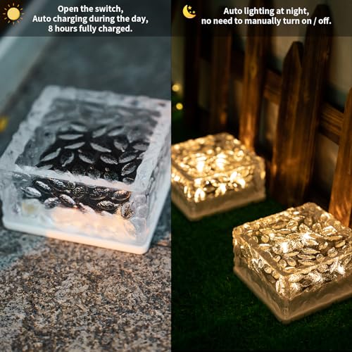 LQWELL® Solar Brick Light Solar Light Decoration Outdoor Solar Glass Paving Stones Solar Lamps Path Lighting Solar Cube Light Ice Stone Light Waterproof (Warm White)