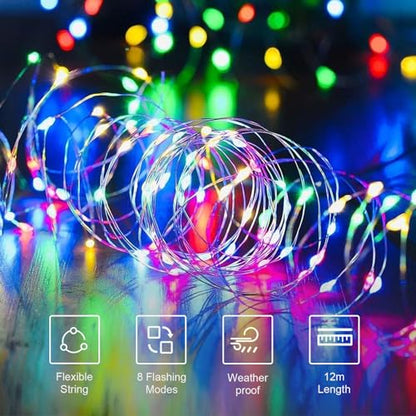 LQWELL® 2er-Set 12 m Solar-Lichterketten für den Außenbereich, Solar-Kupferdraht, IP65 wasserdicht, 120 LEDs, für Garten, Balkon, Party, Hochzeit, Geburtstag, Weihnachtsdekoration (bunt)