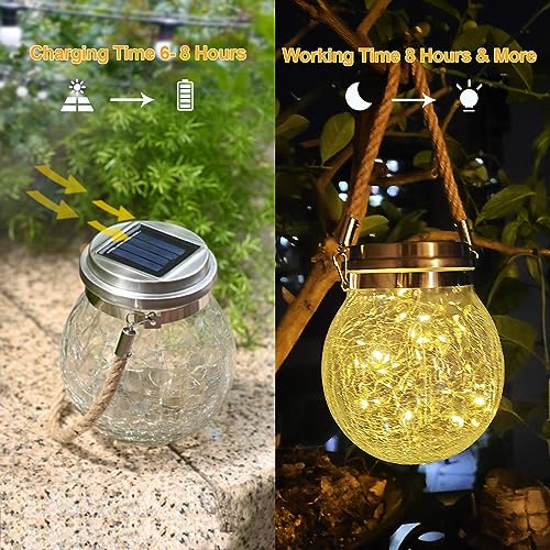LQWELL Solar Lights for Outdoor Gardens, Waterproof Solar Hanging Lights, Solar Lantern Lights, Solar Lanterns, Solar Lamps Crackle Glass Balls Hanging Garden Decoration