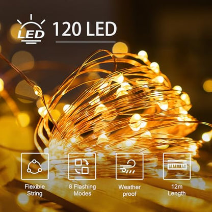 LQWELL® Solar Lichterkette 2x 12M 120LED Außen und Innen Kupferdraht IP65 wasserdicht für Garten Balkon Party Hochzeit Geburtstag Weihnachten Dekor (Warmweiß)