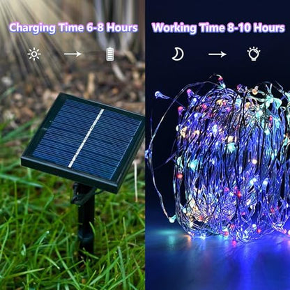 LQWELL® 2er-Set 12 m Solar-Lichterketten für den Außenbereich, Solar-Kupferdraht, IP65 wasserdicht, 120 LEDs, für Garten, Balkon, Party, Hochzeit, Geburtstag, Weihnachtsdekoration (bunt)