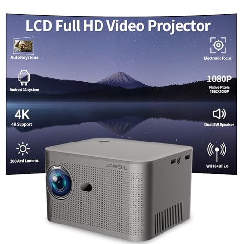 LQWELL® Mini Projector, Native 1080P 4K Home Theater Video Projector with 11.0 Android OS Supports WiFi 6, BT5.0, Auto Keystone Correction, Electronic Focus, 150-Inch for Phone/PC/Lap/PS5/Xbox/Stick