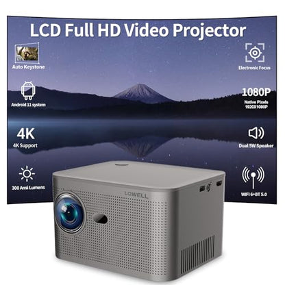 LQWELL® Beamer, Mini Projektor, Native 1080P 4K Heimkino Beamer unterstützt WiFi 6, BT5.0 mit Android 11 OS, Auto-Trapezkorrektur, Elektronischer Fokus, 150-Zoll-Display für Phone/PC/Lap/PS5/Xbox/Stick