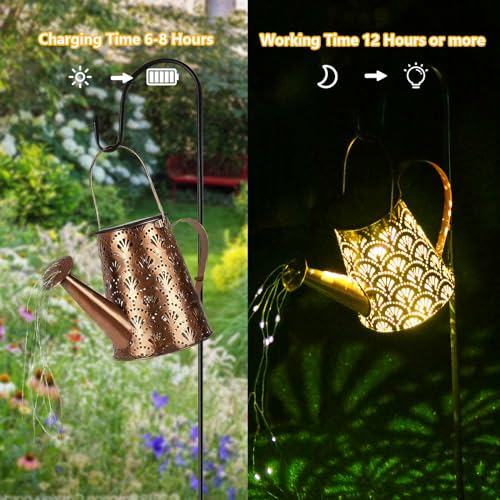 LQWELL Solar Watering Can with Waterfall Fairy Lights Lamp for Outdoor Garden, Vintage Solar Lantern Garden Lamp for Yard, Path Lawn, Paths, Patio, Yard Decoration