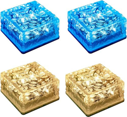LQWELL® Solar Brick Light, Outdoor Solar Lights Decoration, Solar Glass Paver Lights, Solar Path Lights, Solar Cube Light, Ice Cube Light, Waterproof (Warm White + Blue)