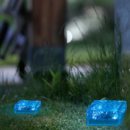 LQWELL® Solar Brick Light Solar Light Decoration Outdoor Solar Glass Paving Stones Solar Lamps Path Lighting Solar Cube Light Ice Stone Light Waterproof (Blue)