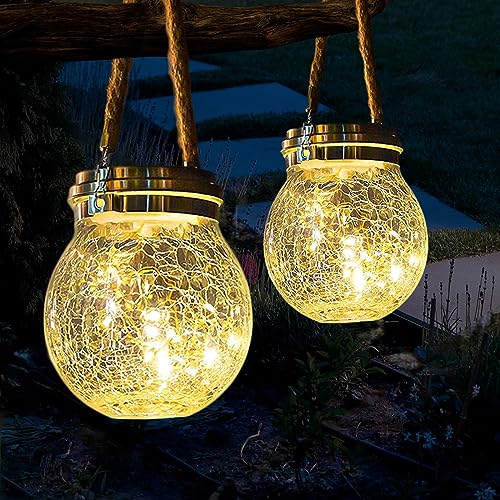 LQWELL Solar Lights for Outdoor Gardens, Waterproof Solar Hanging Lights, Solar Lantern Lights, Solar Lanterns, Solar Lamps Crackle Glass Balls Hanging Garden Decoration