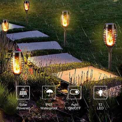 LQWELL® Solar Lights, Solar Garden Torches, 8 Pack, 12 LED Solar Lamps with Realistic Flame Effect, IP65 Waterproof, Garden Torches, Solar Lighting for Paths, Backyards, and Lawns (8 Pack)