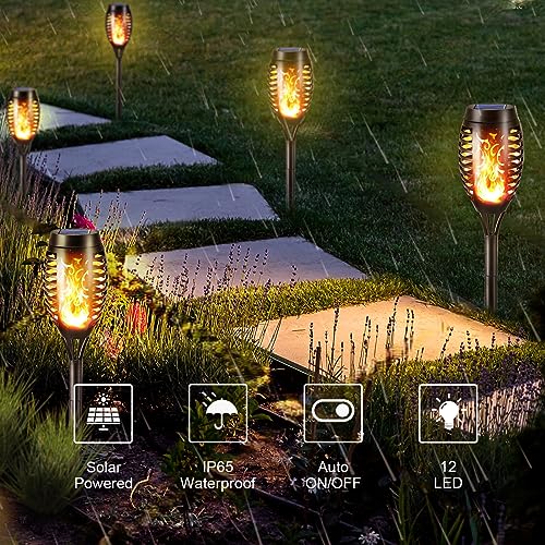 LQWELL® Solar Lights, Solar Garden Torch, 2 Pack, 12 LED Solar Lamps with Realistic Flame Effect, IP65 Waterproof, Solar Garden Torches for Paths, Backyards, and Lawns (2 Pack)