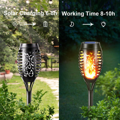 Solar-Fackelleuchte mit Flammeneffekt, schwarze Lampe, frontal und seitlich