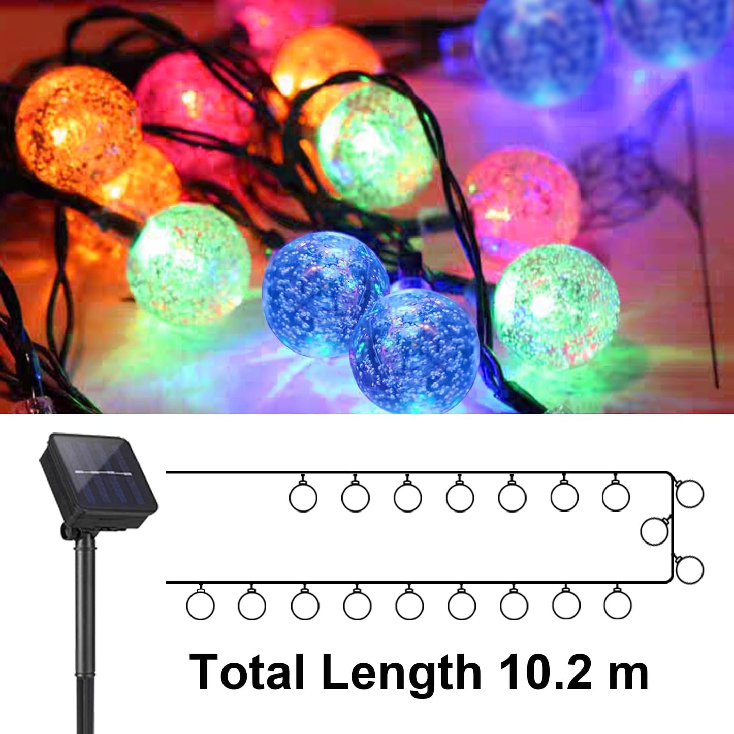 LQWELL® Solar Garden String Lights, Crystal Ball Solar Fairy Lights, 40 LEDs, 10.2m (33ft), IP65, 8 Modes, Outdoor/Indoor String Lights for Garden, Patio, Balcony, Wedding, Party, Window (Multicolor)