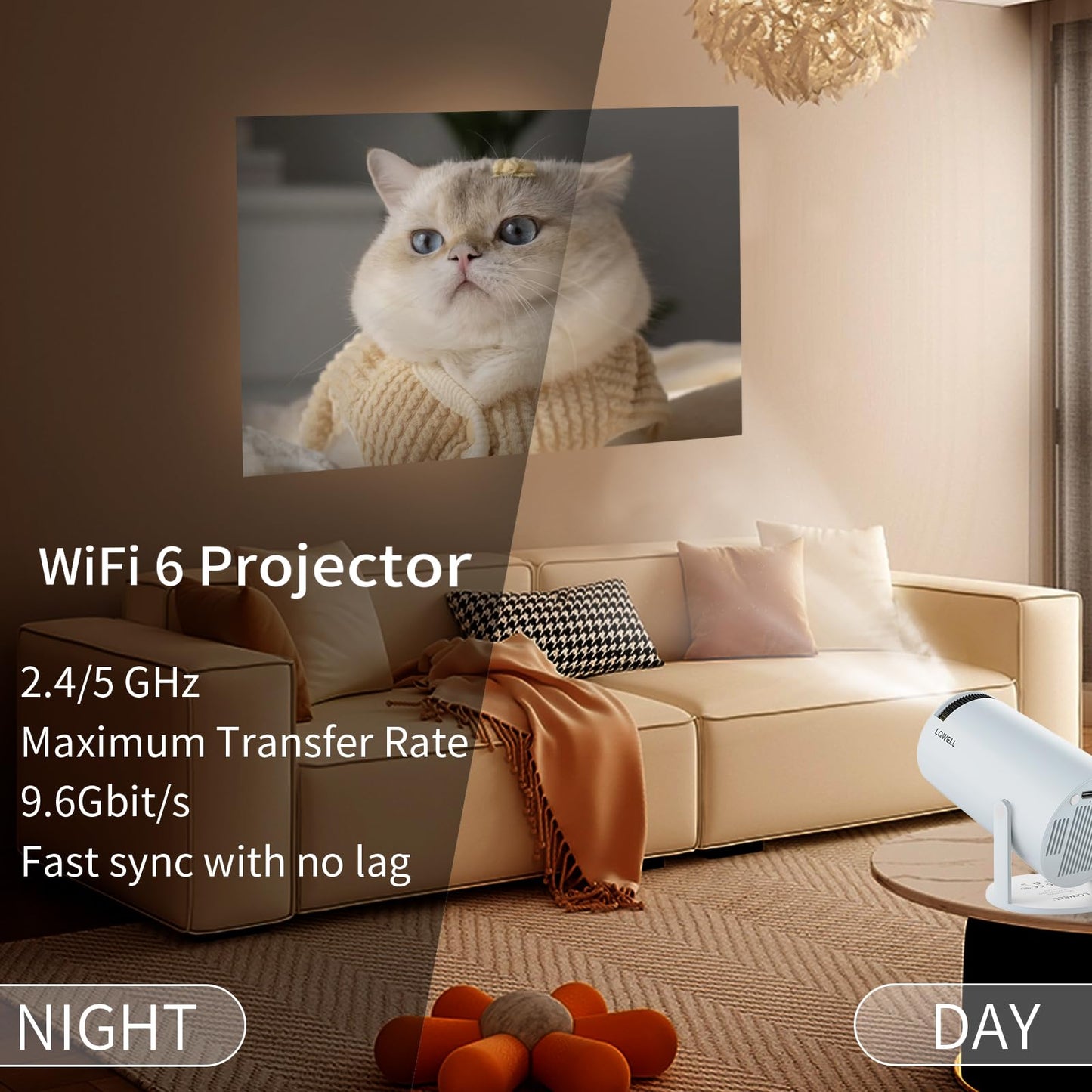 LQWELL® projector, mini projector, supports WiFi 6, BT5.0 with 11.0 Android OS, automatic keystone correction, 180 degree angle, 130 inch display for phone/PC/lap/PS5/Xbox/stick, 4K home cinema, HDMI , Blue