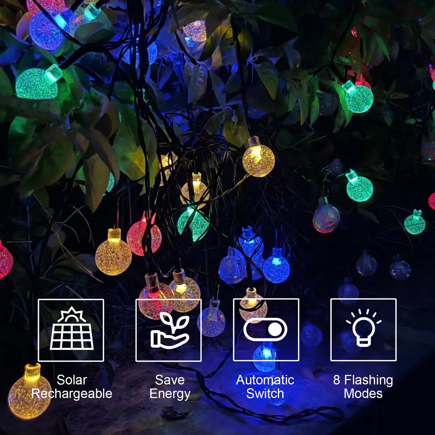 LQWELL® Solar Garden String Lights, Crystal Ball Solar Fairy Lights, 60 LEDs, 13.2m (43ft), IP65, 8 Modes, Outdoor/Indoor String Lights for Garden, Patio, Balcony, Wedding, Party, Window (Multicolored)