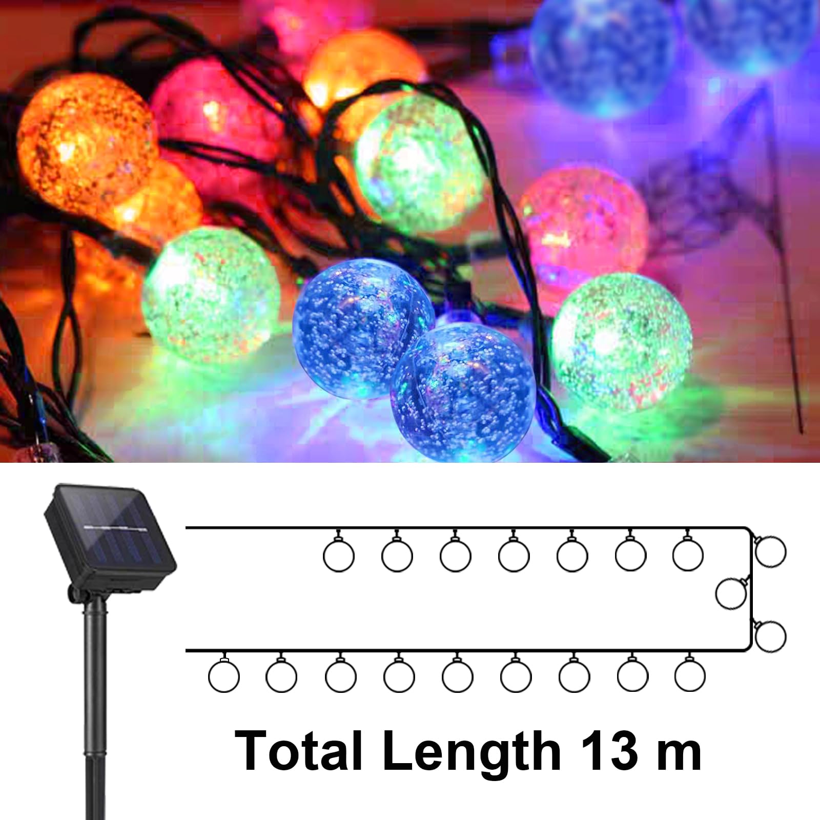 LQWELL® Solar Fairy Lights for Outdoor Garden, Solar Chain Light Crystal Balls 60LED 13.2M 43FT IP65 8 Modes Fairy Lights for Outdoor/Indoor Garden Patio Balcony Wedding Party Window (Colorful)