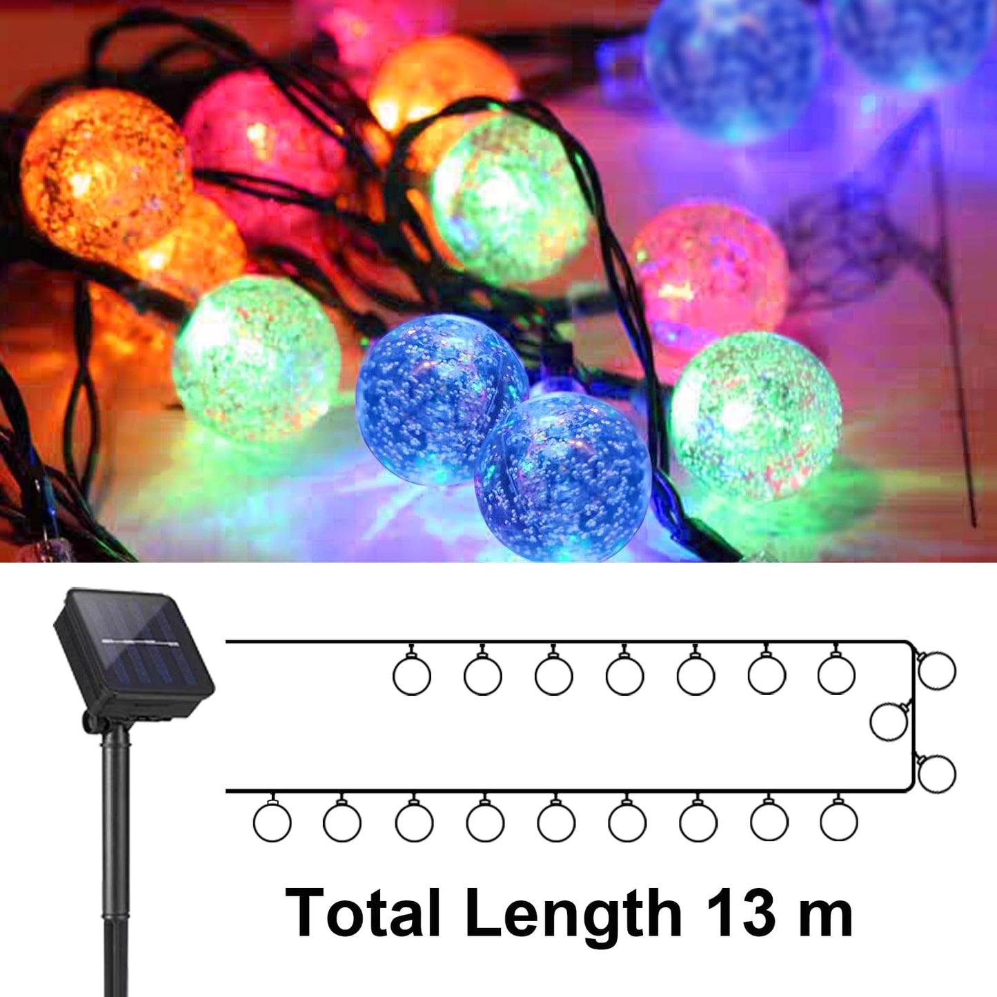 LQWELL® Solar Garden String Lights, Crystal Ball Solar Fairy Lights, 60 LEDs, 13.2m (43ft), IP65, 8 Modes, Outdoor/Indoor String Lights for Garden, Patio, Balcony, Wedding, Party, Window (Multicolored)