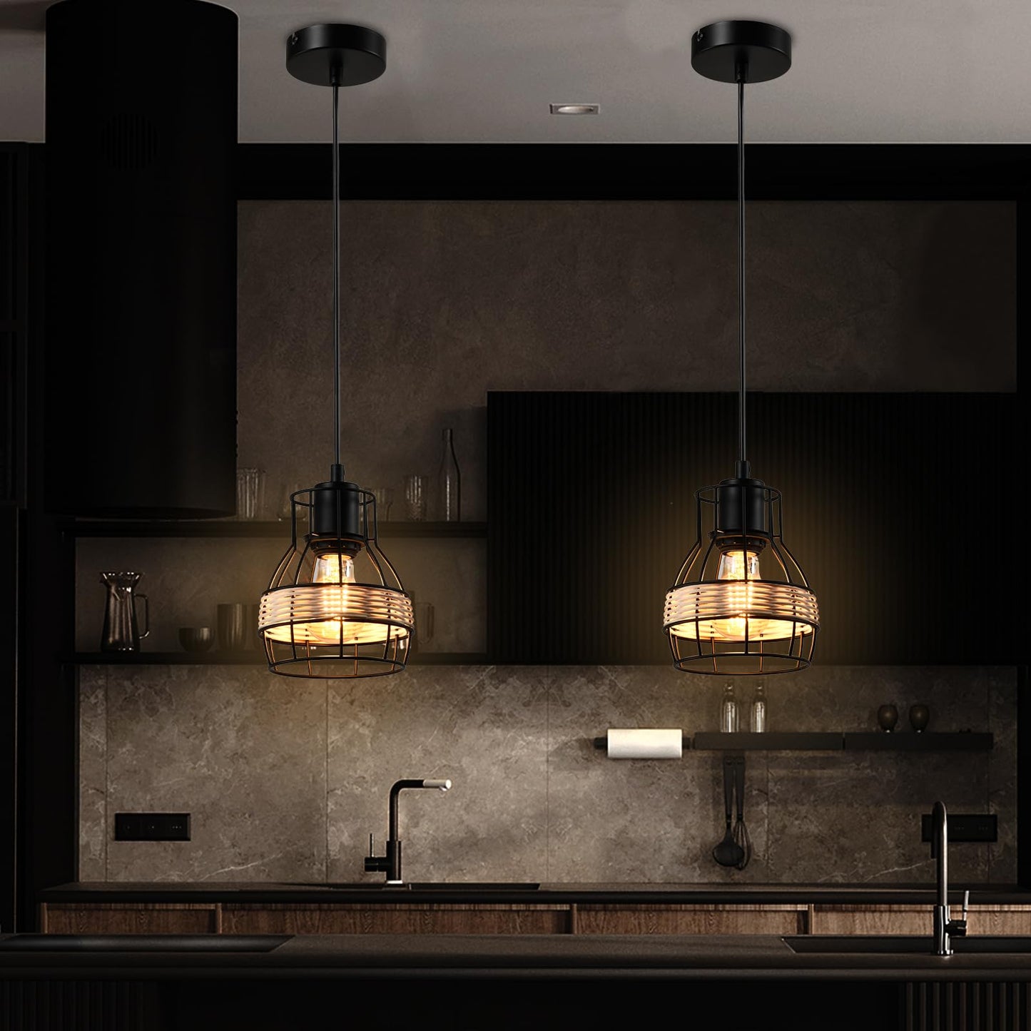 LQWELL® pendant lamp E27 black, retro pendant lamp, modern chandelier, height-adjustable vertigo lamp for living room, bedroom, dining room, cafe, bar counter, restaurant