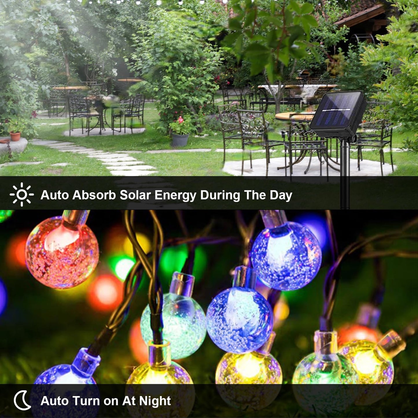 LQWELL® Solar Garden String Lights, Crystal Ball Solar Fairy Lights, 40 LEDs, 10.2m (33ft), IP65, 8 Modes, Outdoor/Indoor String Lights for Garden, Patio, Balcony, Wedding, Party, Window (Multicolor)