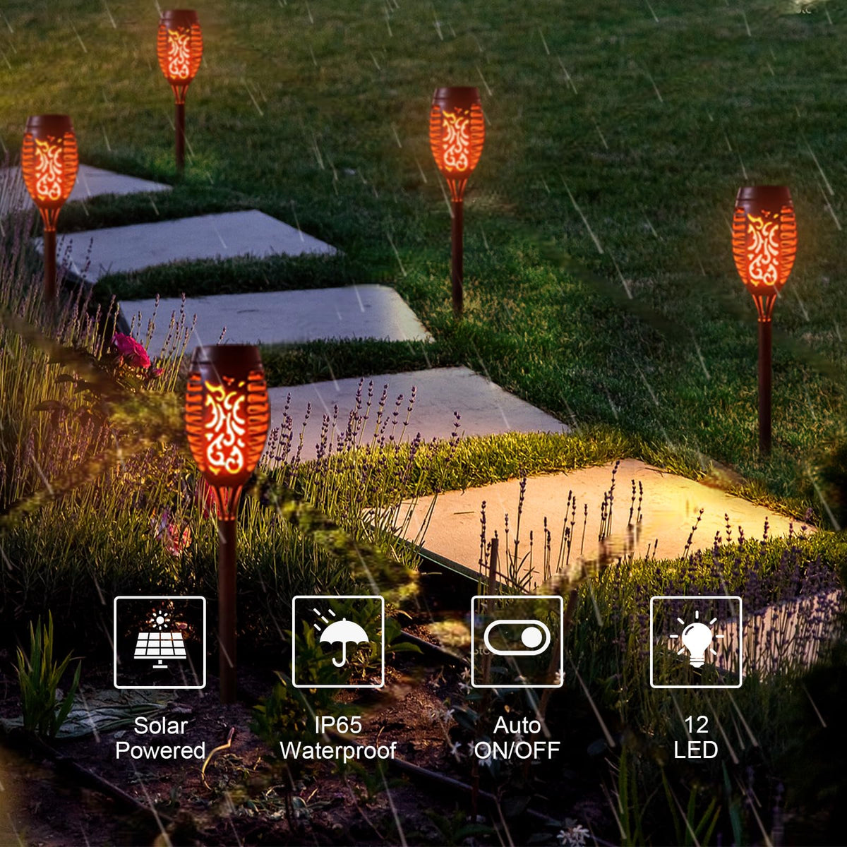LQWELL® Solarleuchten, Solar-Fackeln für den Garten, 6 Stück, 12 LED-S