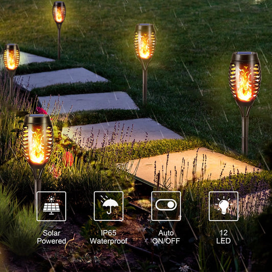 LQWELL® Solar Lights Solar Torches for Garden, 12 Pieces, 12 LED Solar Lamps with Realistic Flame Effect, IP65 Waterproof, Solar Garden Torches for Paths, Backyards and Lawns (12 Pieces)