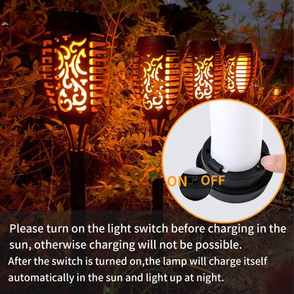 Solar-Fackelleuchte mit Flammeneffekt, schwarze Lampe, Detail mit Ein-/Aus-Taste